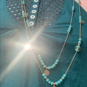 DILLARD’S Turquoise Blue Beads & Goldtone Double Strand LONG NECKLACE!